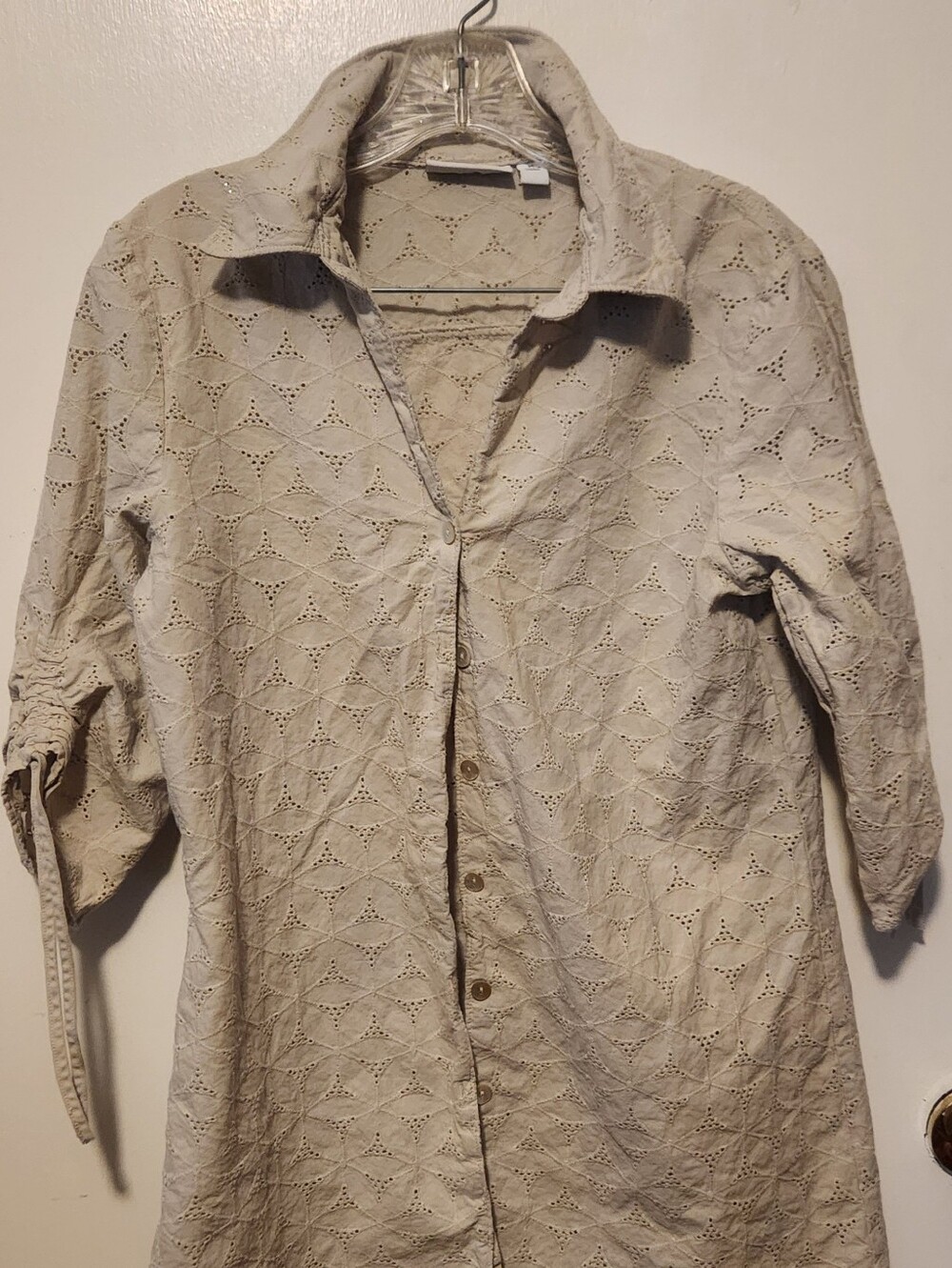 Susan Graver Cream Eyelet Button-Front Blouse